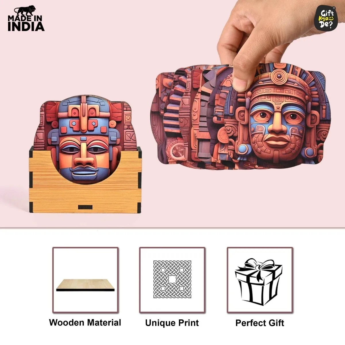 Coaster Set of 6 Mayan Art & Astronaut Design | Wooden Coasters to Serve Tea Cups, Coffee Mugs and Glasses