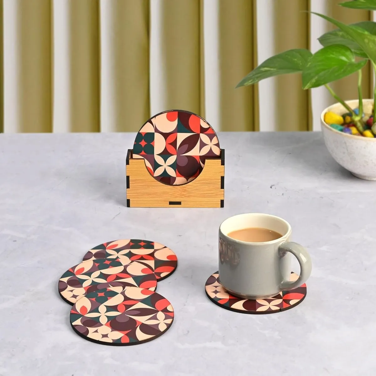 Coaster Set of 6 Modern Art Design | Wooden Coasters to Serve Tea Cups, Coffee Mugs and Glasses