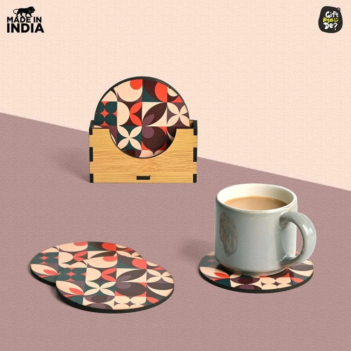 Coaster Set of 6 Modern Art Design | Wooden Coasters to Serve Tea Cups, Coffee Mugs and Glasses