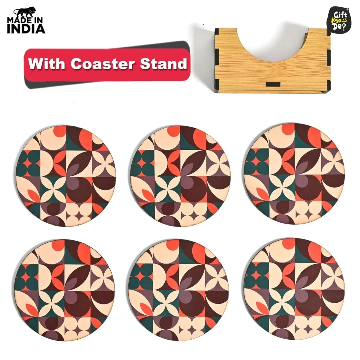 Coaster Set of 6 Modern Art Design | Wooden Coasters to Serve Tea Cups, Coffee Mugs and Glasses