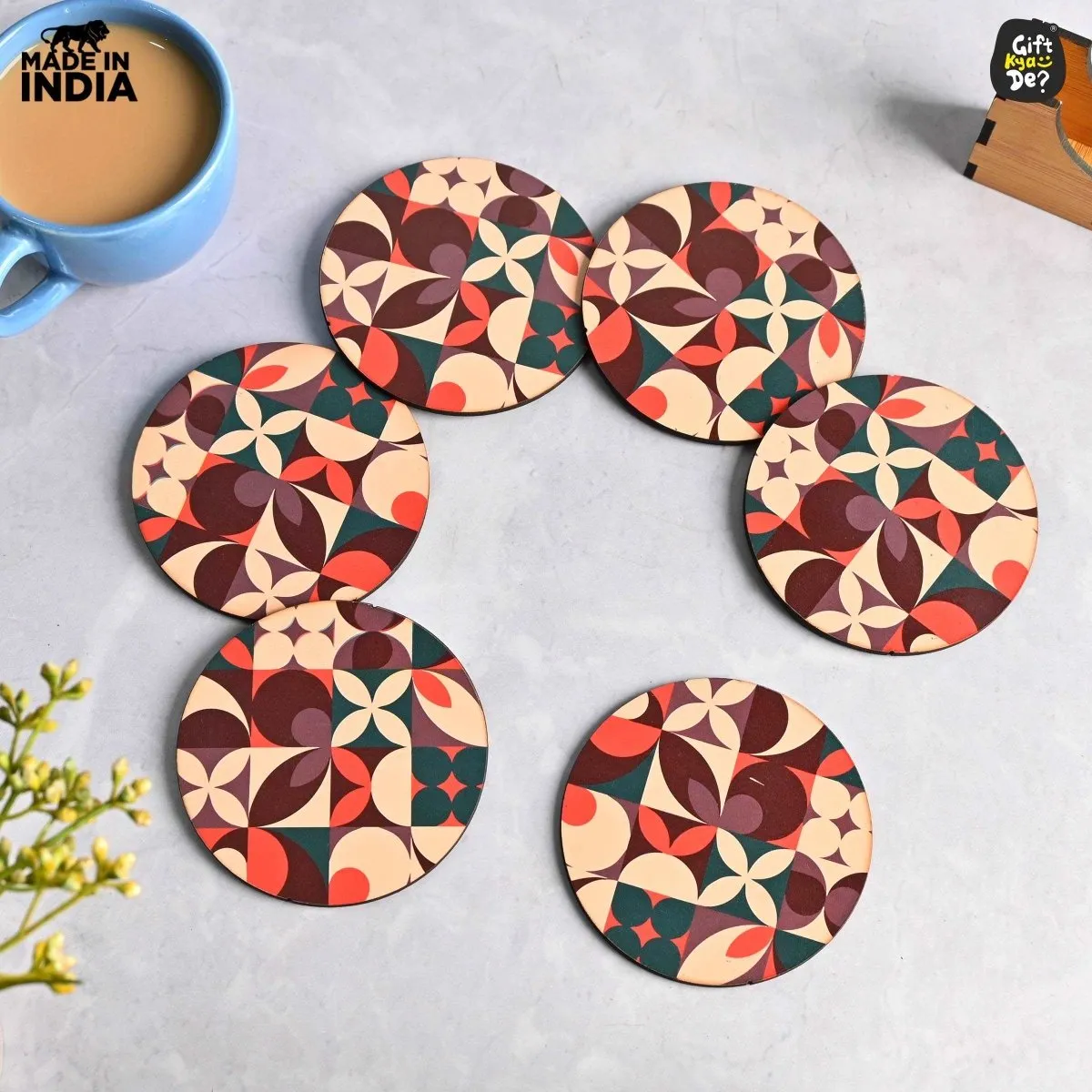 Coaster Set of 6 Modern Art Design | Wooden Coasters to Serve Tea Cups, Coffee Mugs and Glasses
