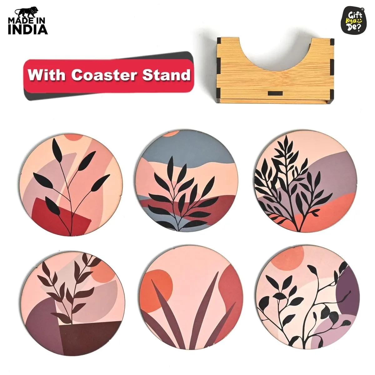 Coaster Set of 6 Modern Art Design | Wooden Coasters to Serve Tea Cups, Coffee Mugs and Glasses