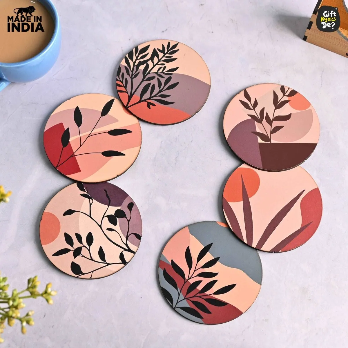 Coaster Set of 6 Modern Art Design | Wooden Coasters to Serve Tea Cups, Coffee Mugs and Glasses