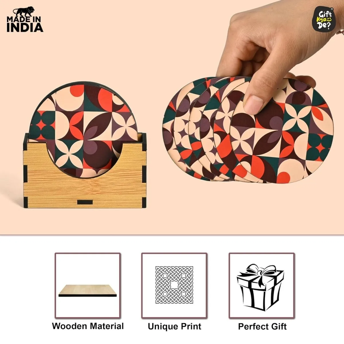 Coaster Set of 6 Modern Art Design | Wooden Coasters to Serve Tea Cups, Coffee Mugs and Glasses