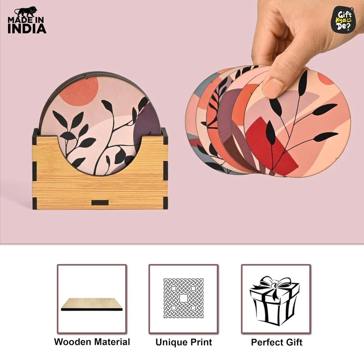 Coaster Set of 6 Modern Art Design | Wooden Coasters to Serve Tea Cups, Coffee Mugs and Glasses