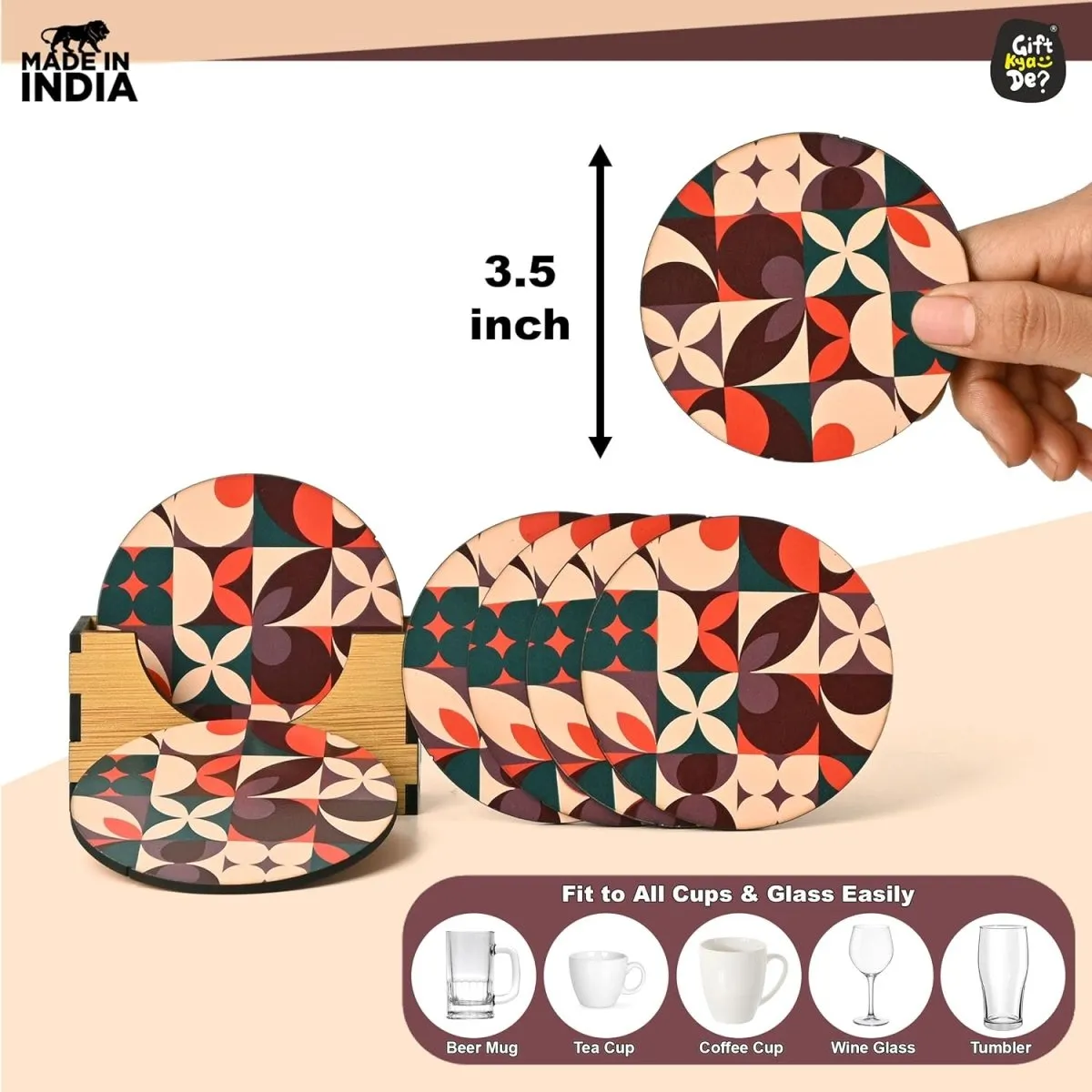 Coaster Set of 6 Modern Art Design | Wooden Coasters to Serve Tea Cups, Coffee Mugs and Glasses