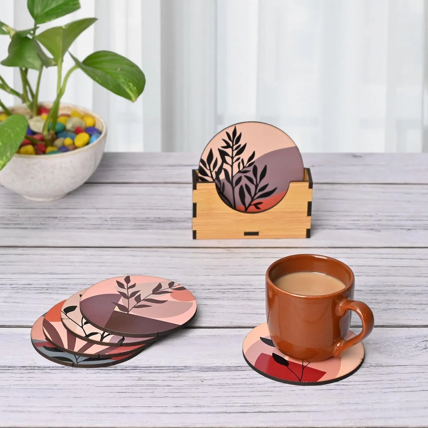 Coaster Set of 6 Modern Art Design | Wooden Coasters to Serve Tea Cups, Coffee Mugs and Glasses