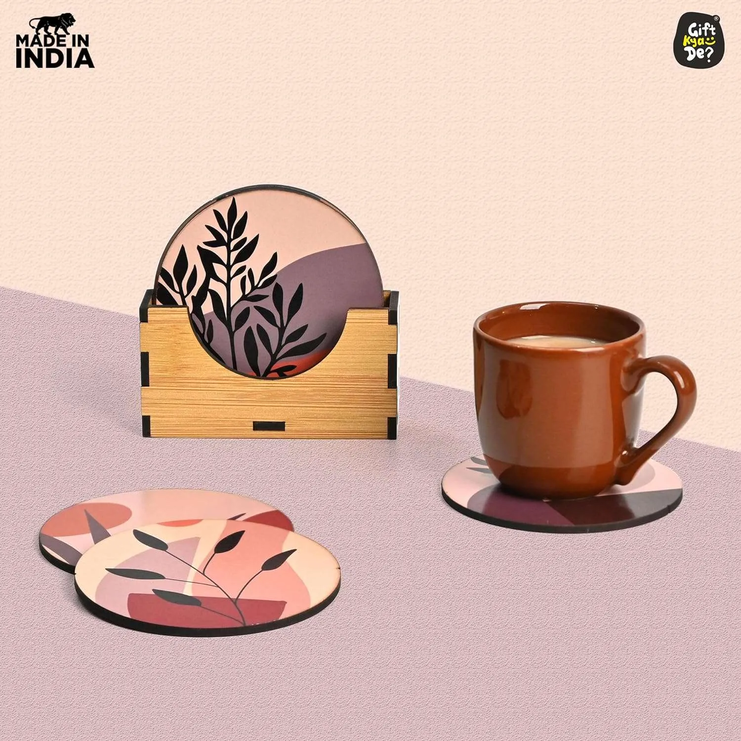 Coaster Set of 6 Modern Art Design | Wooden Coasters to Serve Tea Cups, Coffee Mugs and Glasses