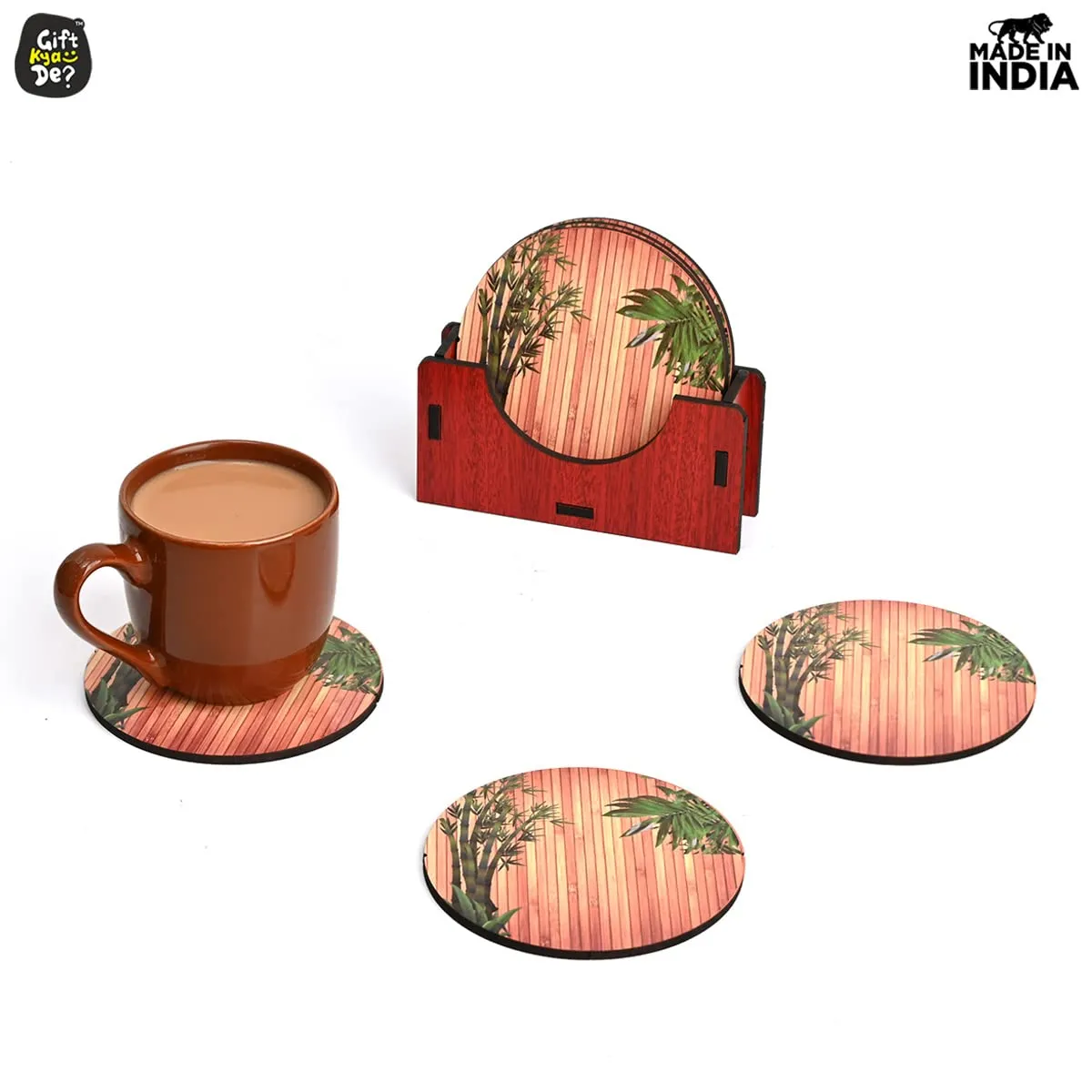 Coaster Set of 6 Natural Wooden Bamboo Tree Style | Coasters with Beautiful Coaster Stand