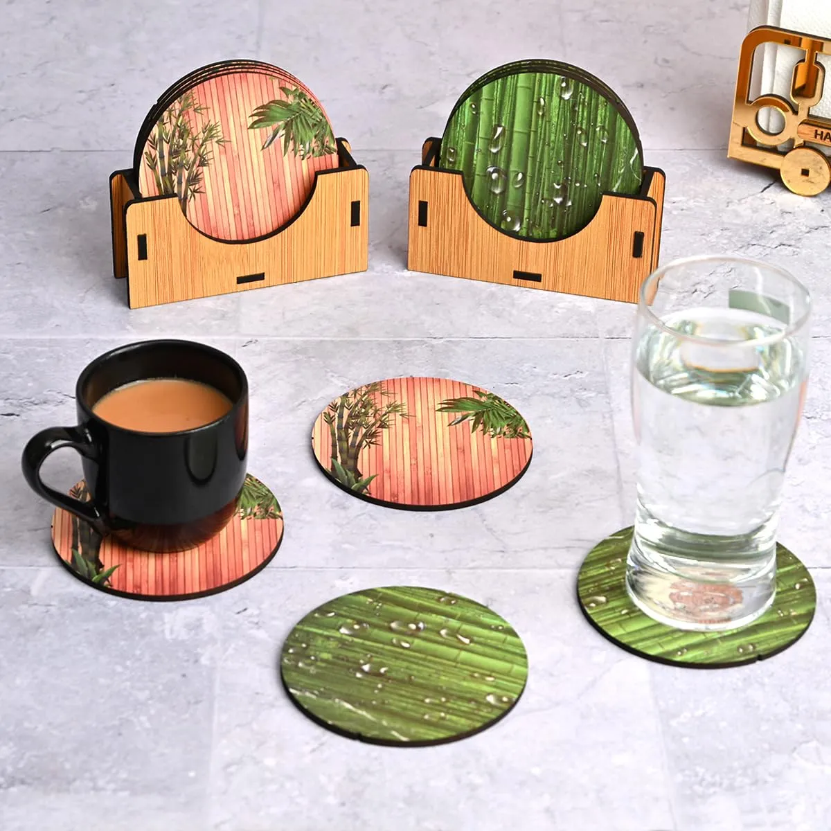 Coaster Set of 6 Natural Wooden Bamboo Tree Style | Coasters with Beautiful Coaster Stand