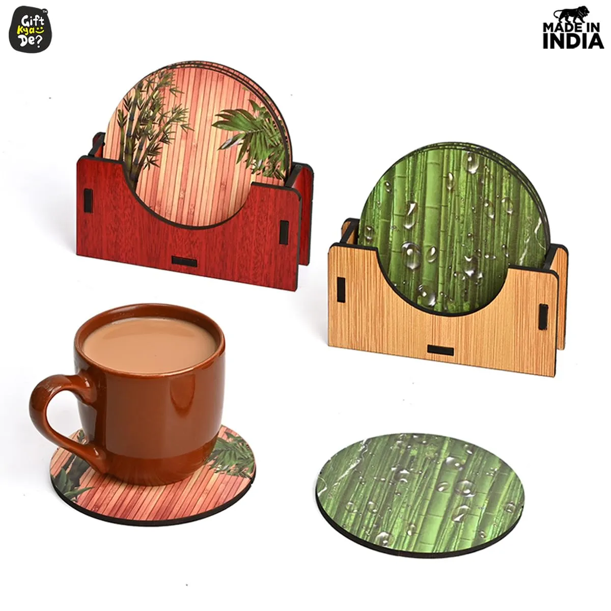 Coaster Set of 6 Natural Wooden Bamboo Tree Style | Coasters with Beautiful Coaster Stand