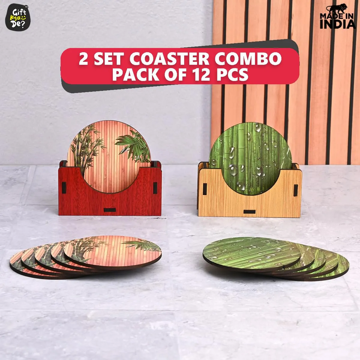 Coaster Set of 6 Natural Wooden Bamboo Tree Style | Coasters with Beautiful Coaster Stand