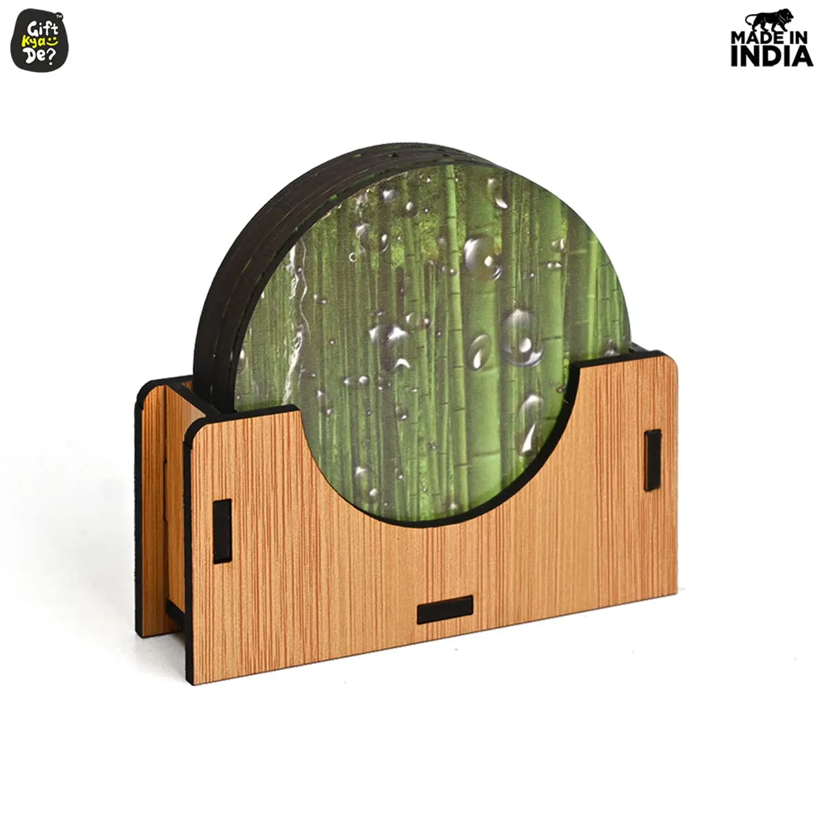 Coaster Set of 6 Natural Wooden Bamboo Tree Style | Coasters with Beautiful Coaster Stand