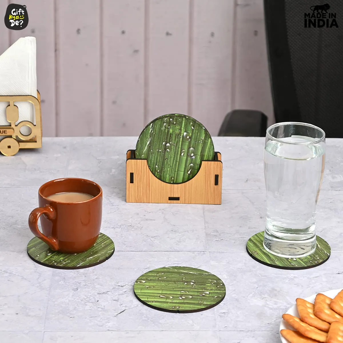 Coaster Set of 6 Natural Wooden Bamboo Tree Style | Coasters with Beautiful Coaster Stand