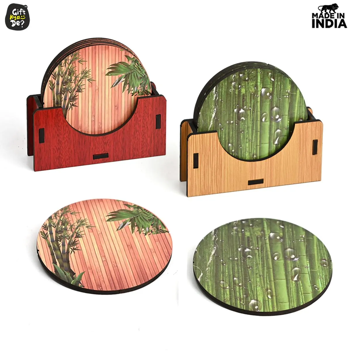 Coaster Set of 6 Natural Wooden Bamboo Tree Style | Coasters with Beautiful Coaster Stand