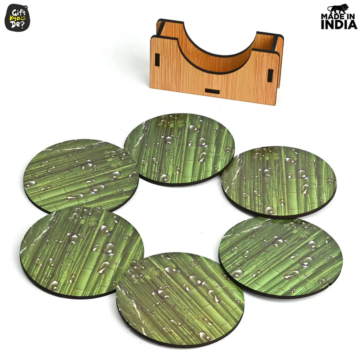 Coaster Set of 6 Natural Wooden Bamboo Tree Style | Coasters with Beautiful Coaster Stand