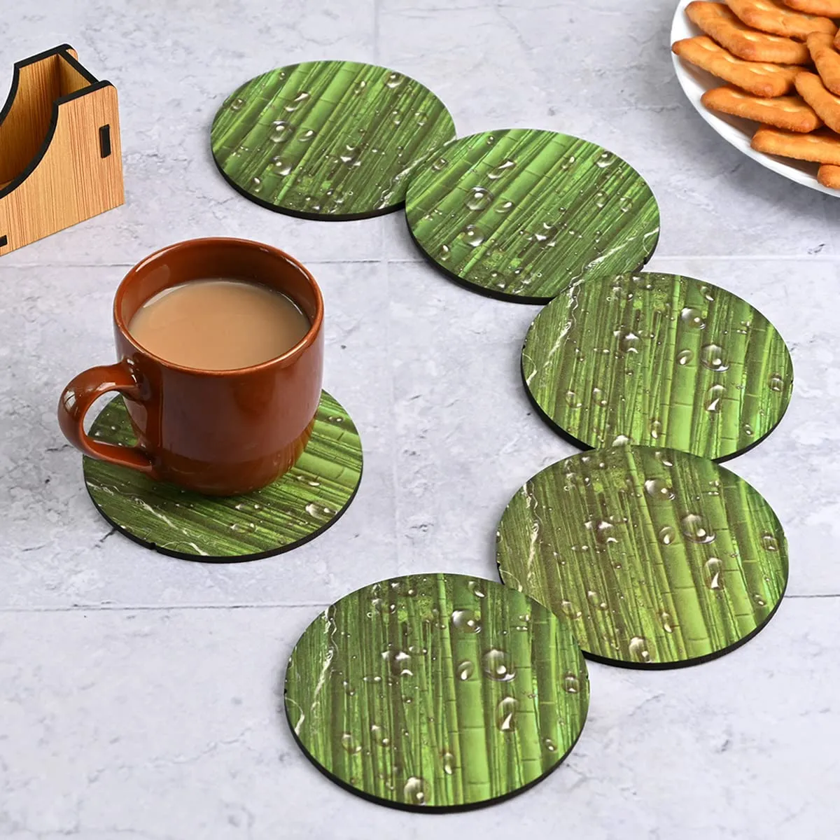 Coaster Set of 6 Natural Wooden Bamboo Tree Style | Coasters with Beautiful Coaster Stand