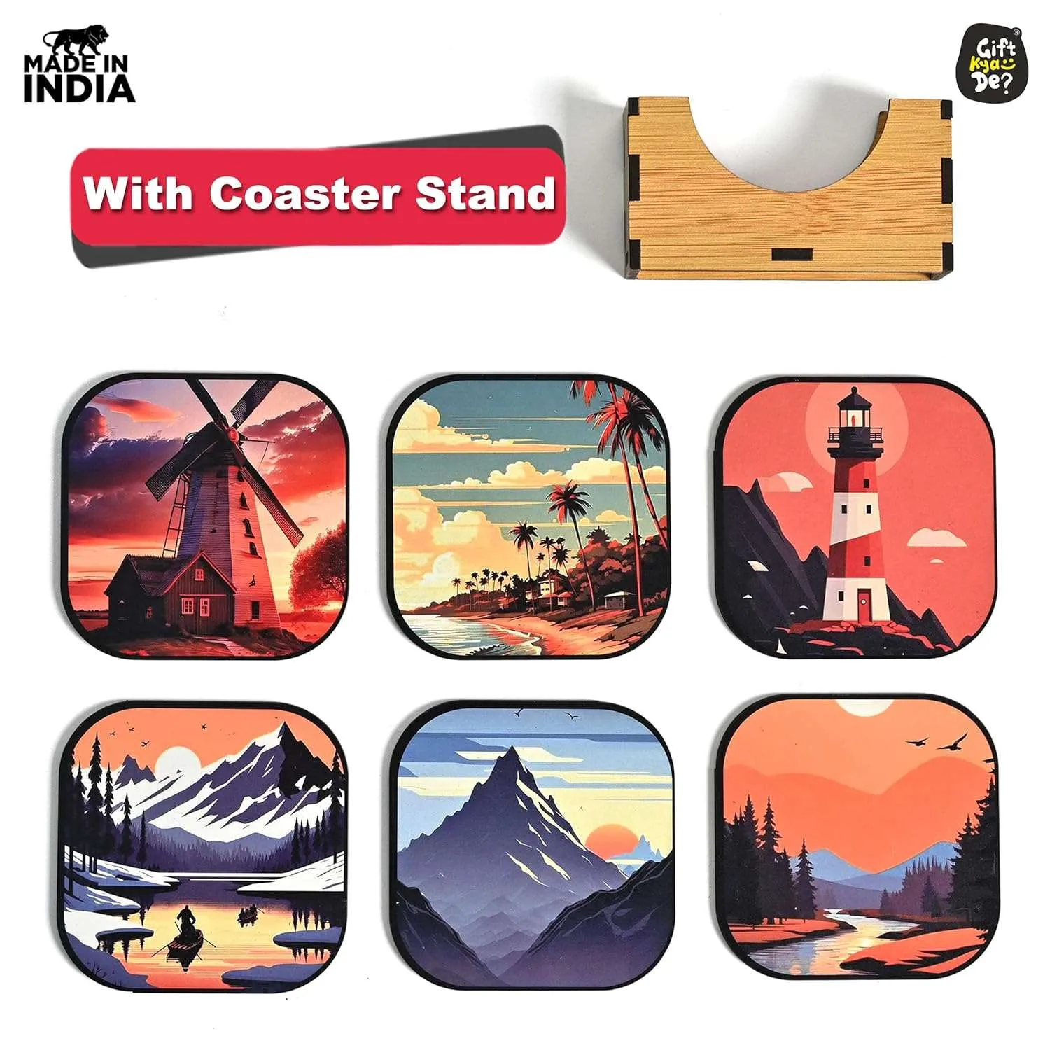 Coaster Set of 6 Nature & Travel Theme Design | Wooden Coasters to Serve Tea Cups, Coffee Mugs and Glasses