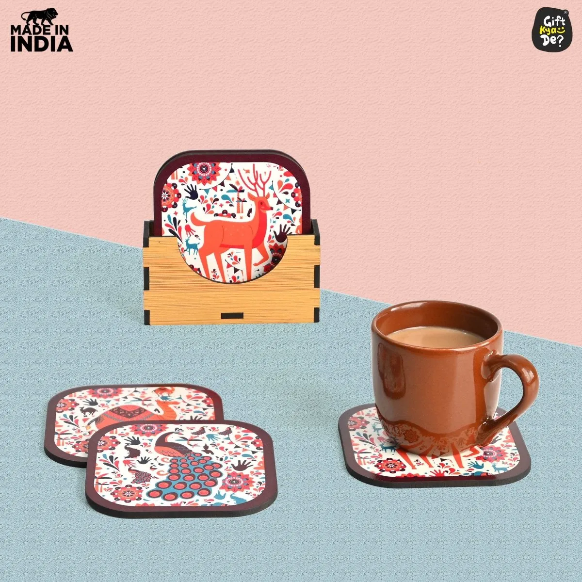 Coaster Set of 6 Vibrant & Colorful India Design | Wooden Coasters With Coaster Stand | Kitchen Accessories (Ecofriendly)