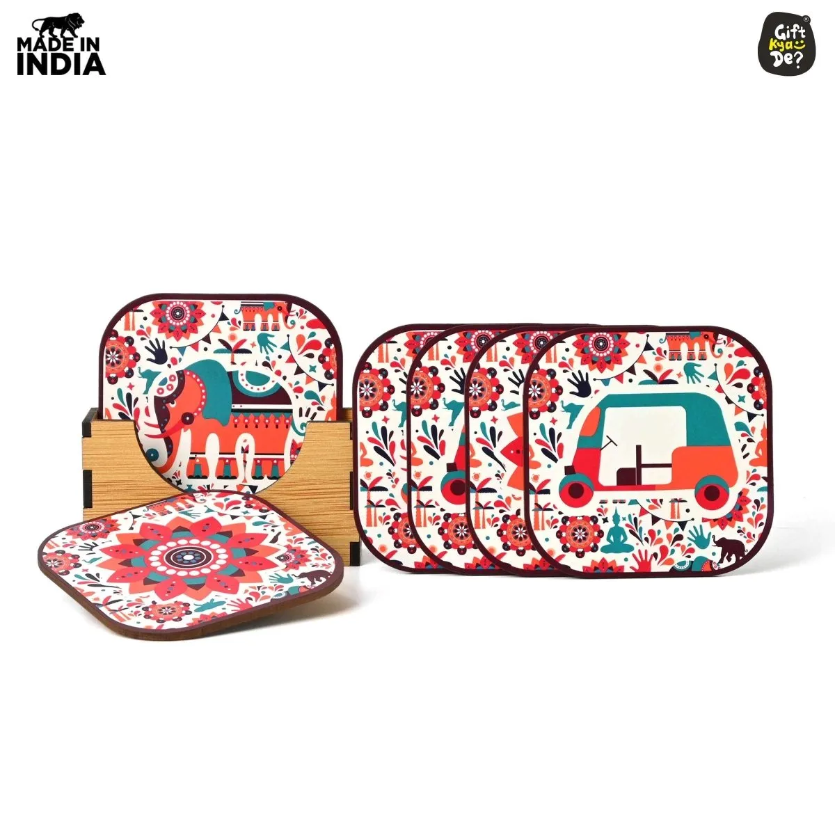 Coaster Set of 6 Vibrant & Colorful India Design | Wooden Coasters With Coaster Stand | Kitchen Accessories (Ecofriendly)