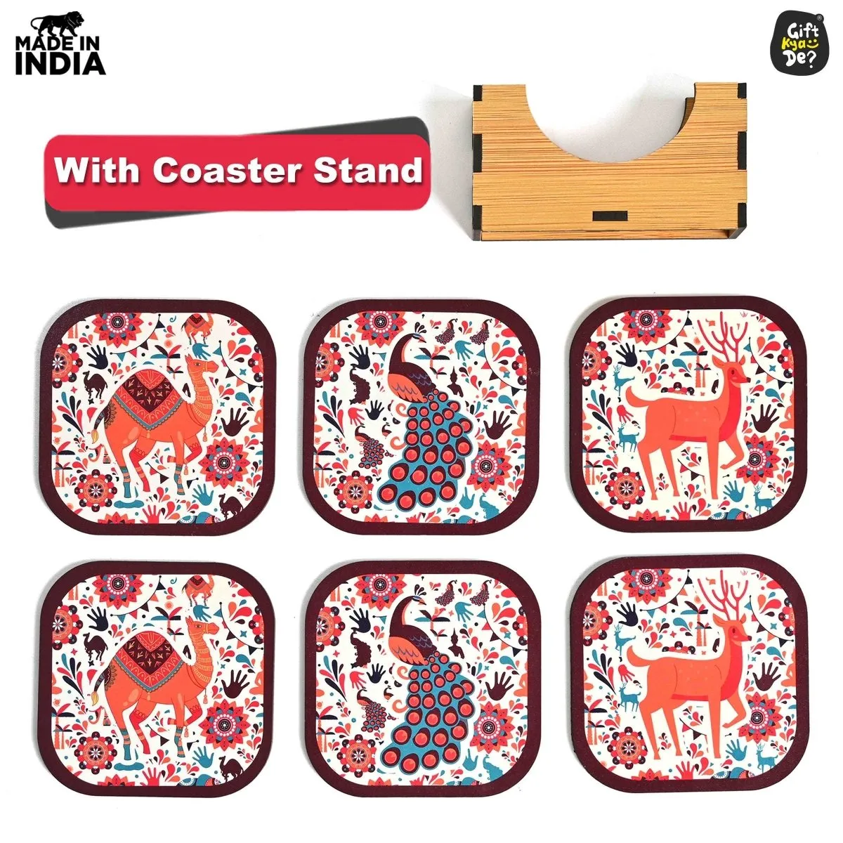 Coaster Set of 6 Vibrant & Colorful India Design | Wooden Coasters With Coaster Stand | Kitchen Accessories (Ecofriendly)