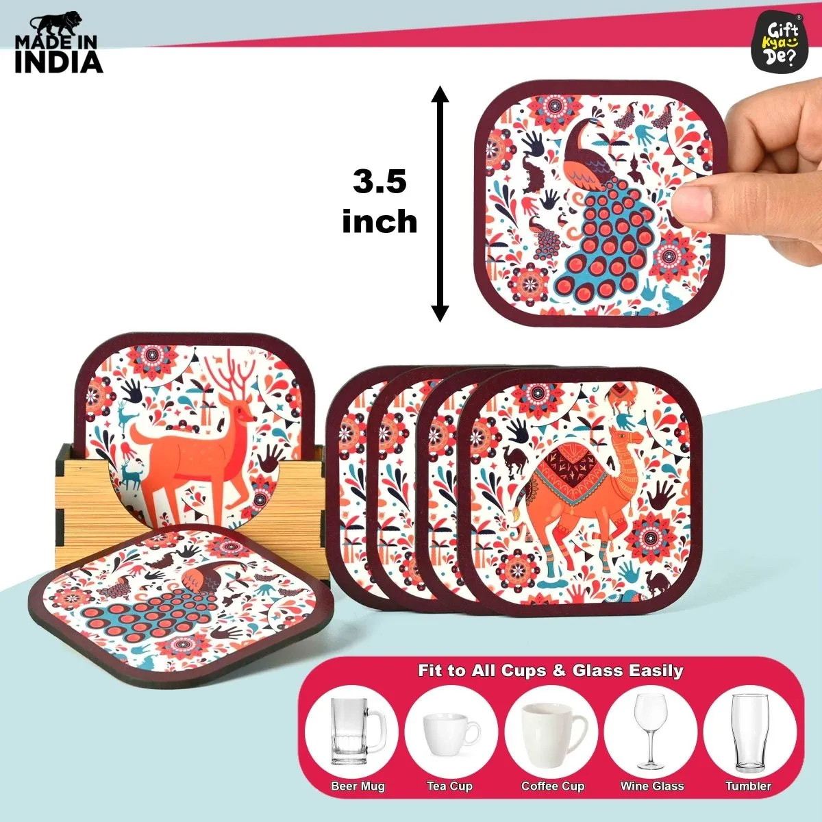Coaster Set of 6 Vibrant & Colorful India Design | Wooden Coasters With Coaster Stand | Kitchen Accessories (Ecofriendly)
