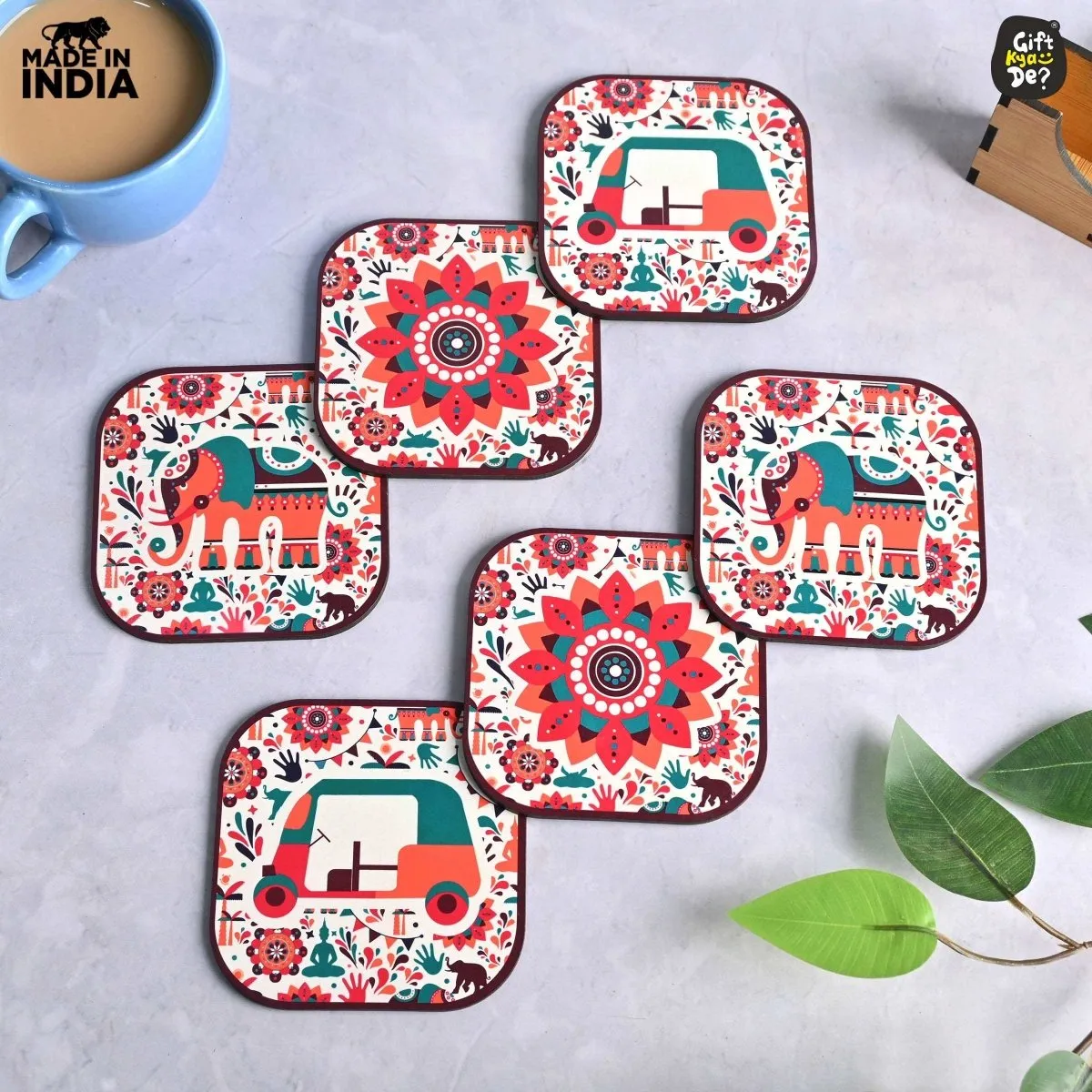 Coaster Set of 6 Vibrant & Colorful India Design | Wooden Coasters With Coaster Stand | Kitchen Accessories (Ecofriendly)