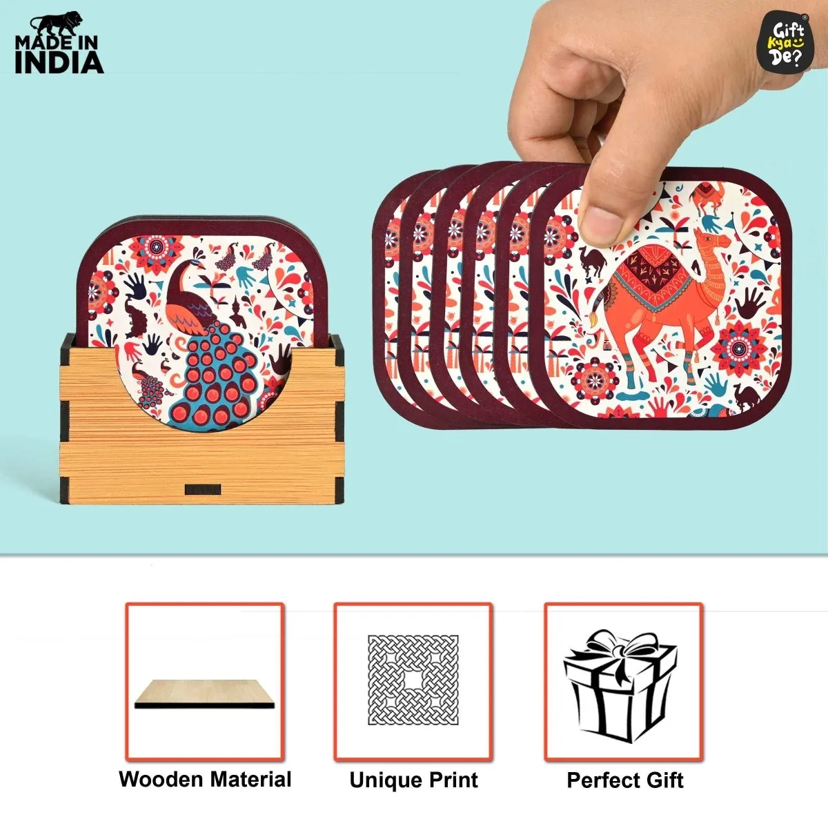 Coaster Set of 6 Vibrant & Colorful India Design | Wooden Coasters With Coaster Stand | Kitchen Accessories (Ecofriendly)