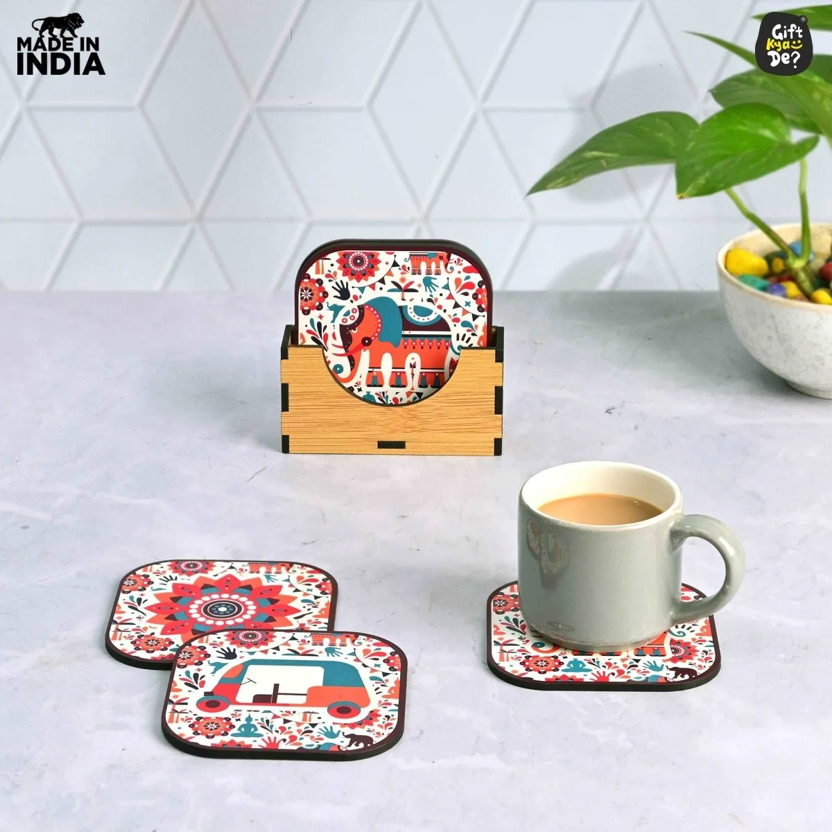 Coaster Set of 6 Vibrant & Colorful India Design | Wooden Coasters With Coaster Stand | Kitchen Accessories (Ecofriendly)