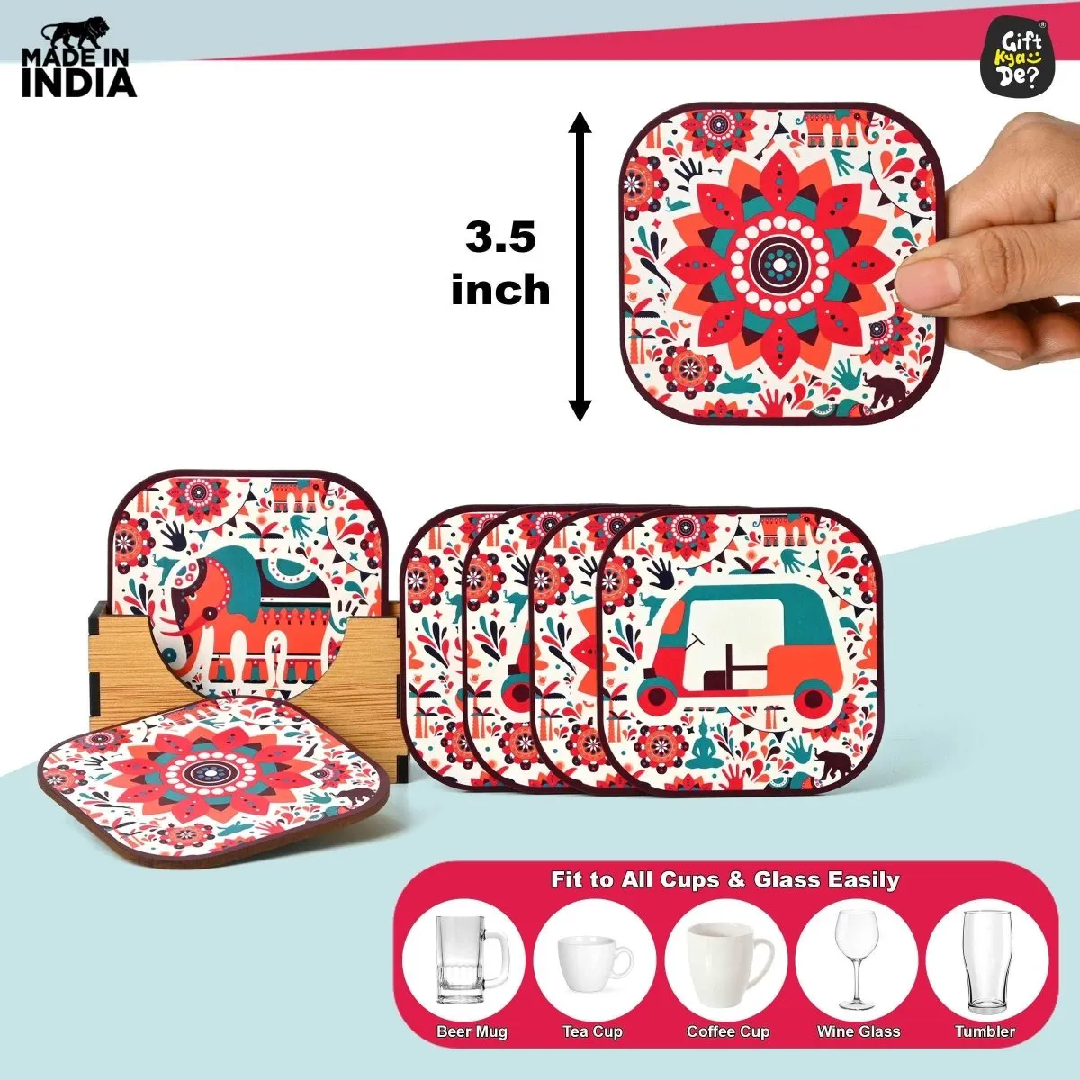 Coaster Set of 6 Vibrant & Colorful India Design | Wooden Coasters With Coaster Stand | Kitchen Accessories (Ecofriendly)