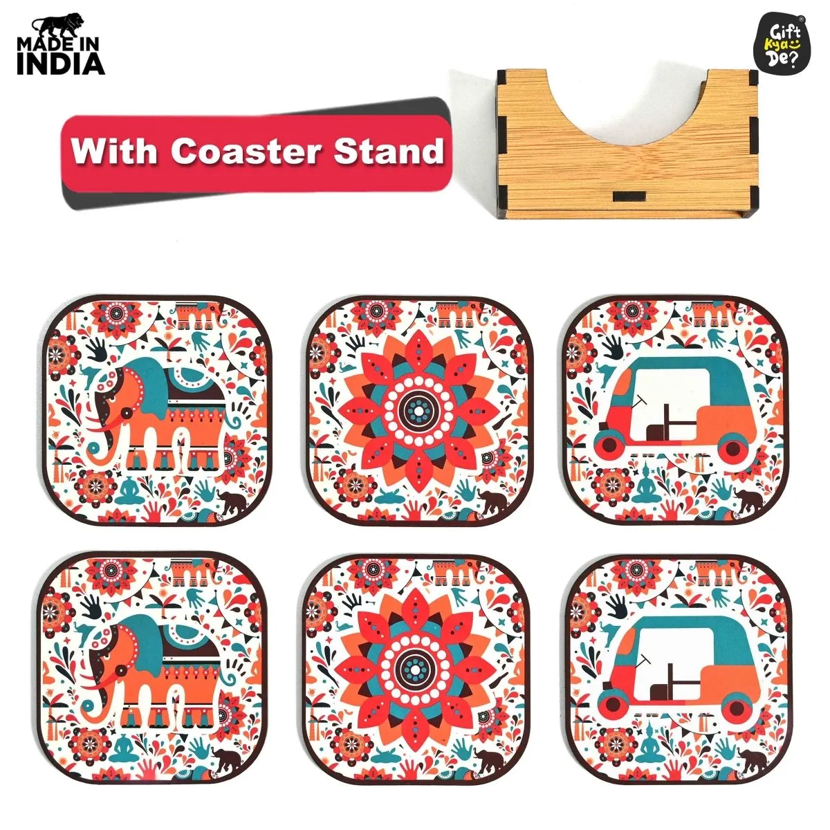 Coaster Set of 6 Vibrant & Colorful India Design | Wooden Coasters With Coaster Stand | Kitchen Accessories (Ecofriendly)