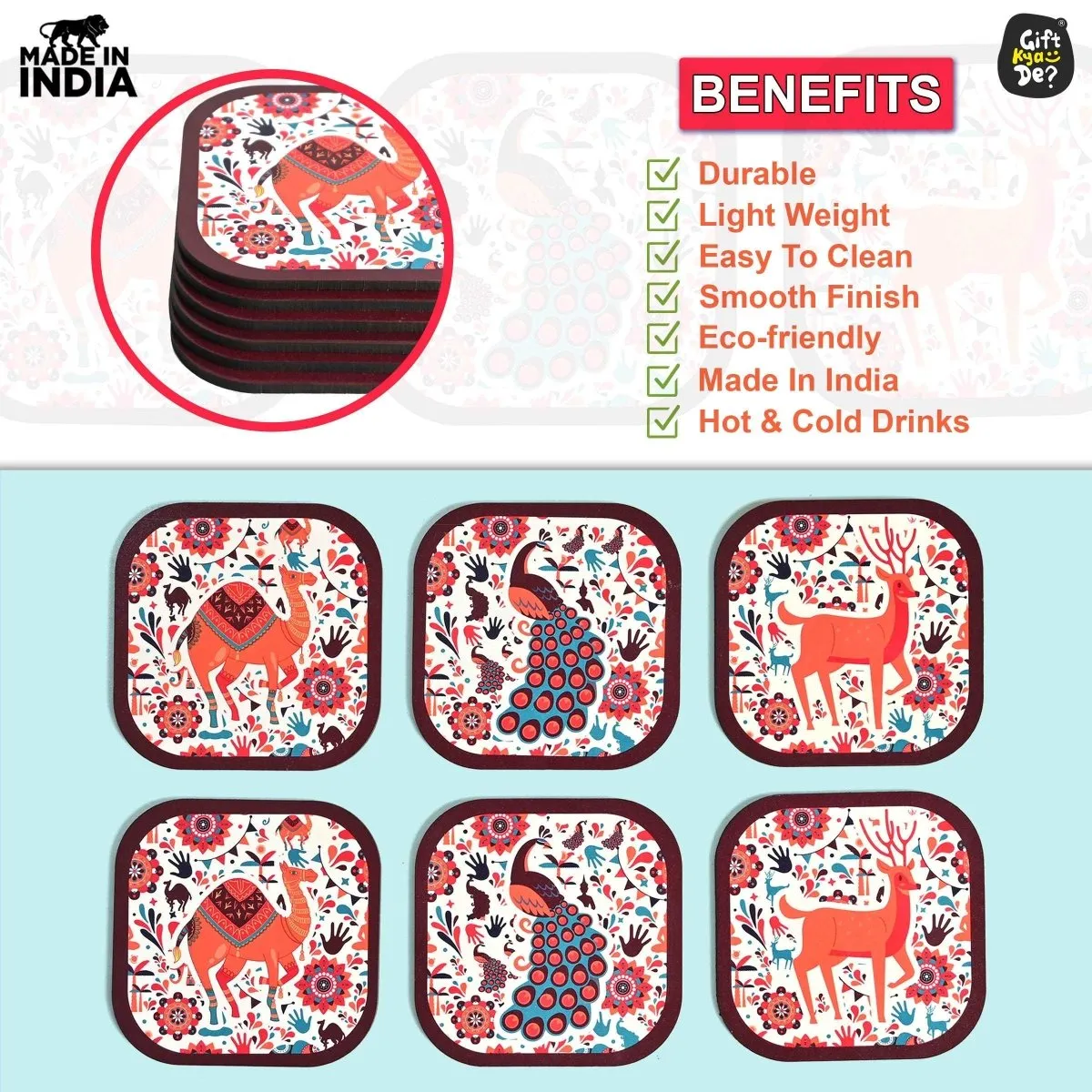 Coaster Set of 6 Vibrant & Colorful India Design | Wooden Coasters With Coaster Stand | Kitchen Accessories (Ecofriendly)