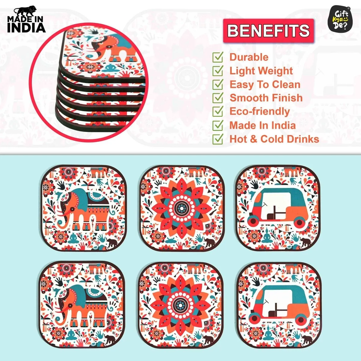 Coaster Set of 6 Vibrant & Colorful India Design | Wooden Coasters With Coaster Stand | Kitchen Accessories (Ecofriendly)
