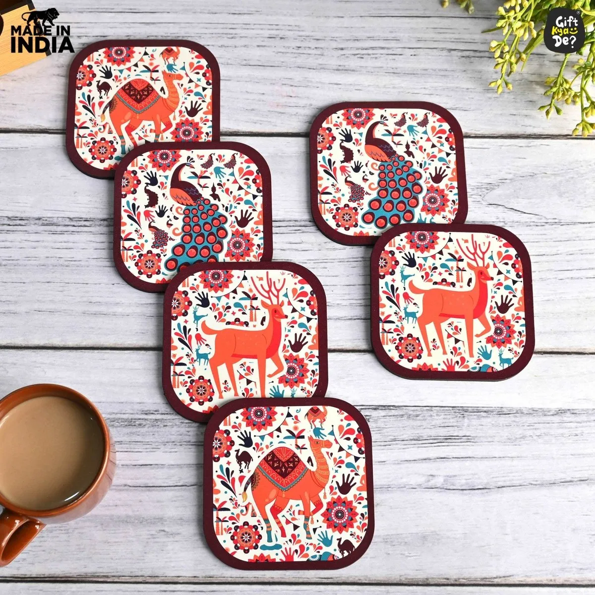 Coaster Set of 6 Vibrant & Colorful India Design | Wooden Coasters With Coaster Stand | Kitchen Accessories (Ecofriendly)