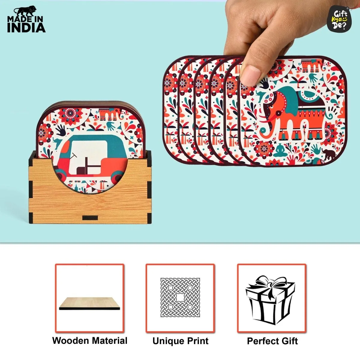 Coaster Set of 6 Vibrant & Colorful India Design | Wooden Coasters With Coaster Stand | Kitchen Accessories (Ecofriendly)