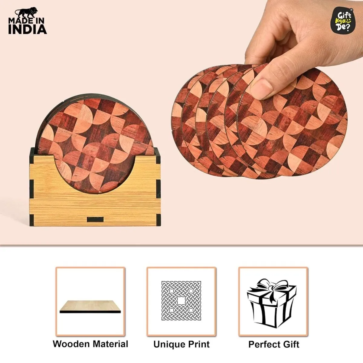 Coaster Set of 6 Woody Design | Wooden Coasters With Coaster Stand | Kitchen Accessories (Ecofriendly)