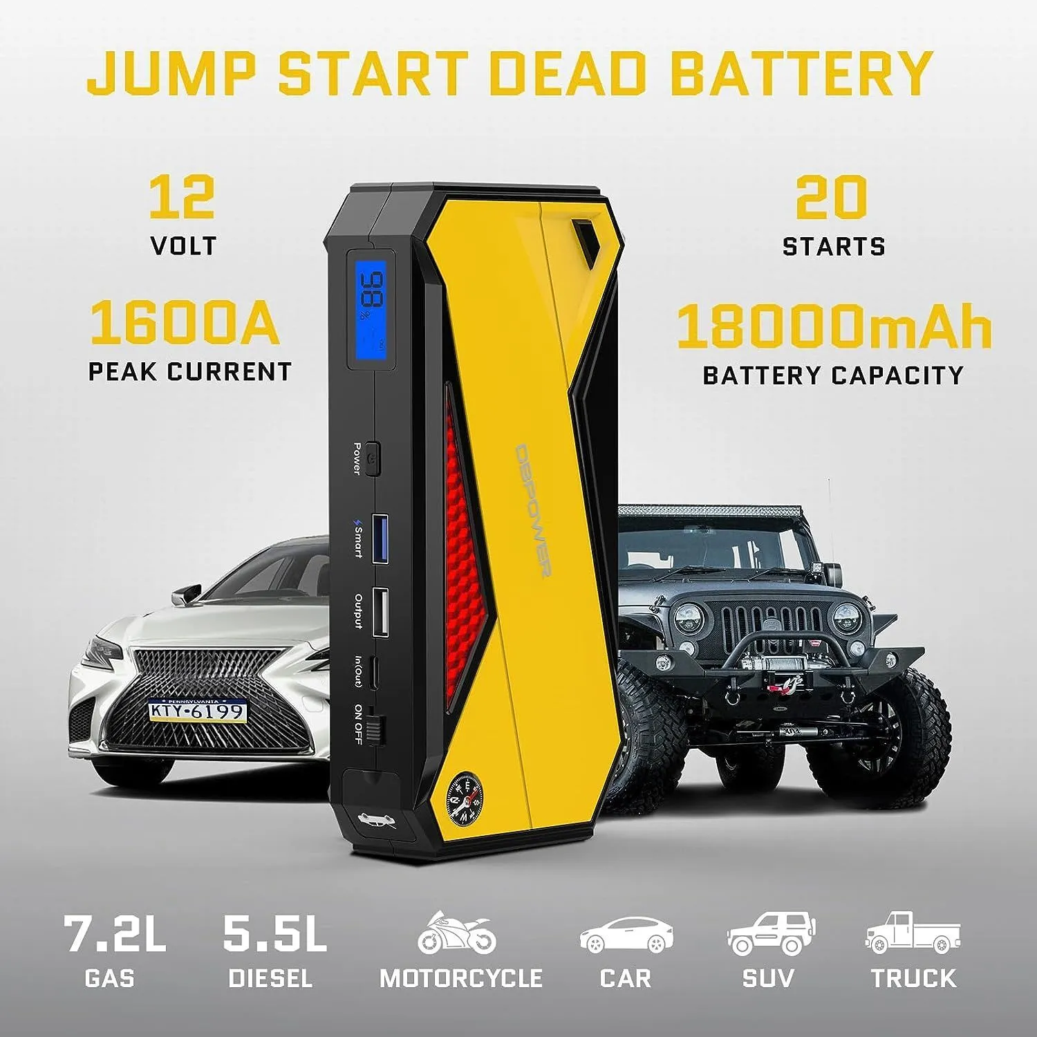 DBPOWER 800A 18000mAh Portable Car Jump Starter (up to 7.2L Gas,