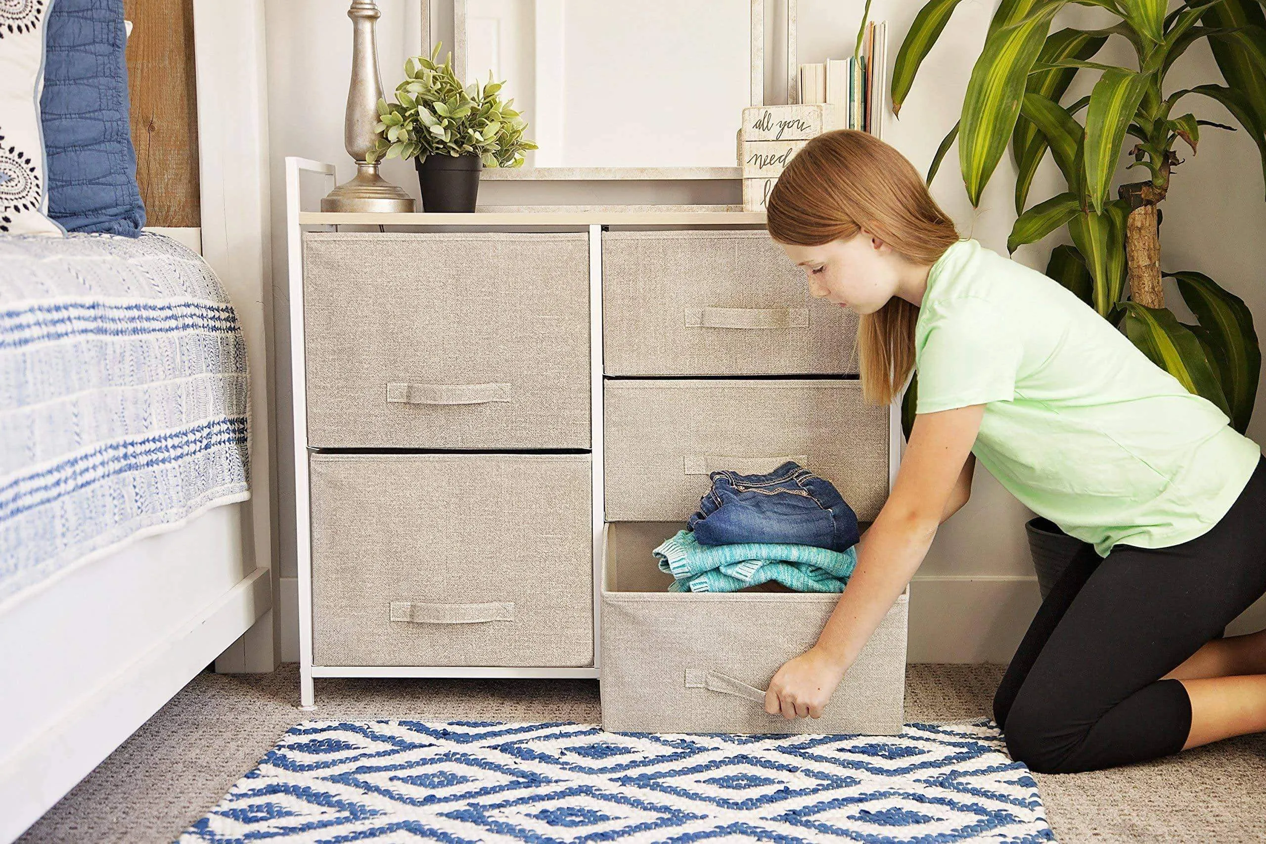 East Loft Storage Cube Dresser | Organizer for Closet, Nursery, Bathroom, Laundry or Bedroom | 5 Fabric Drawers, Solid Wood Top, Durable Steel Frame | Natural
