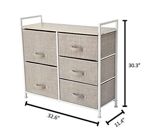 East Loft Storage Cube Dresser | Organizer for Closet, Nursery, Bathroom, Laundry or Bedroom | 5 Fabric Drawers, Solid Wood Top, Durable Steel Frame | Natural