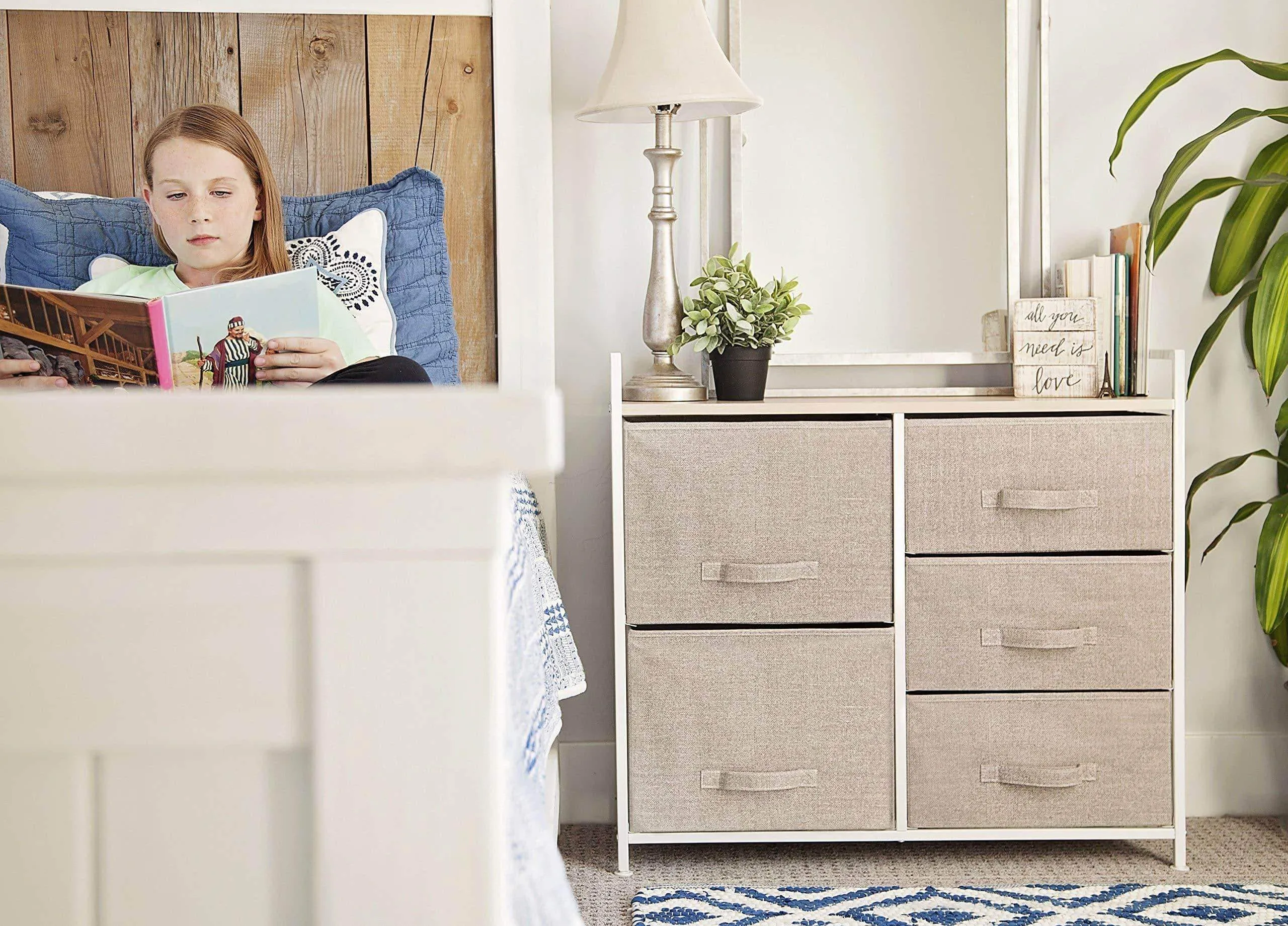 East Loft Storage Cube Dresser | Organizer for Closet, Nursery, Bathroom, Laundry or Bedroom | 5 Fabric Drawers, Solid Wood Top, Durable Steel Frame | Natural