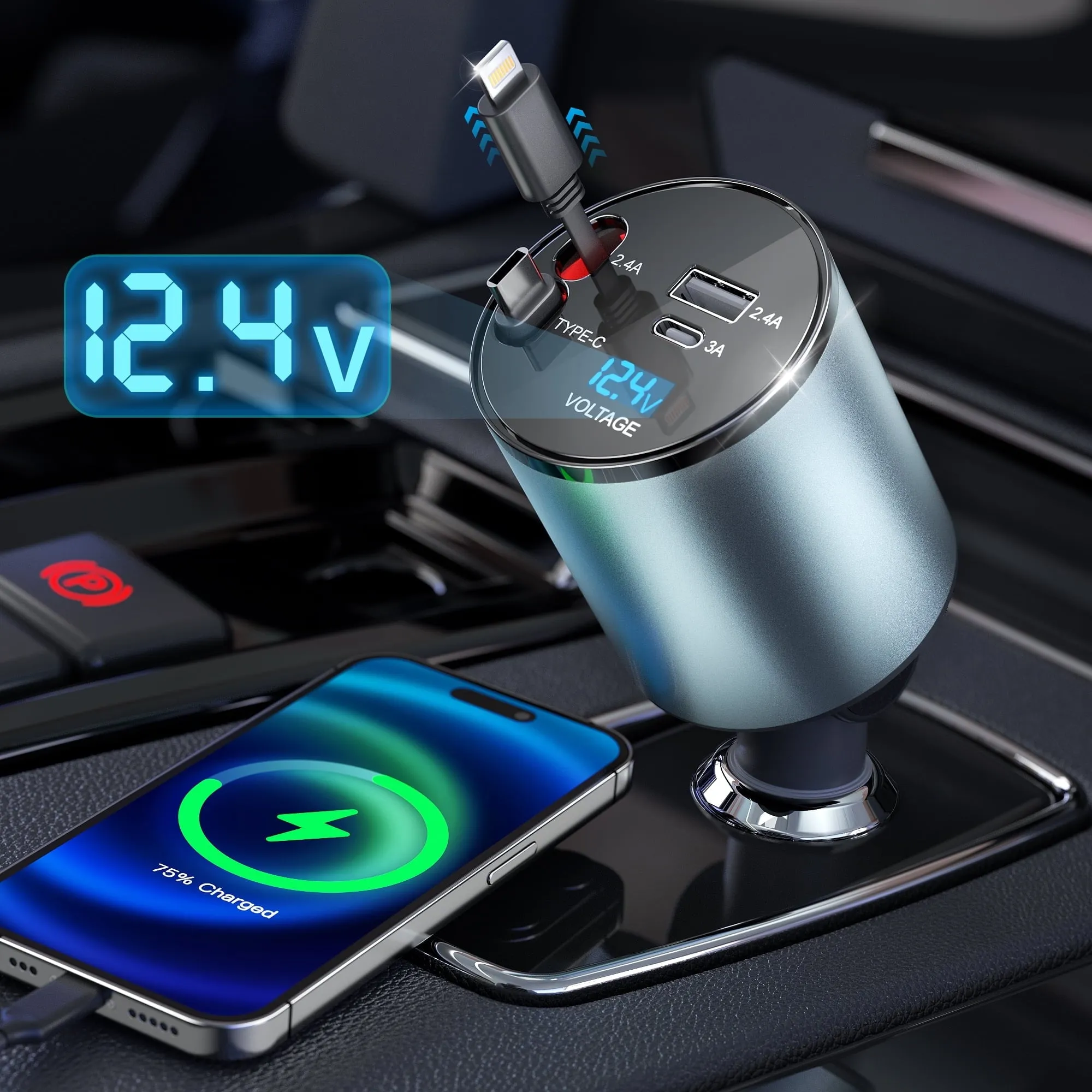 everyday 4 in 1 Retractable Car Charger 66W Fast Car Phone Charger with Retractable Cables