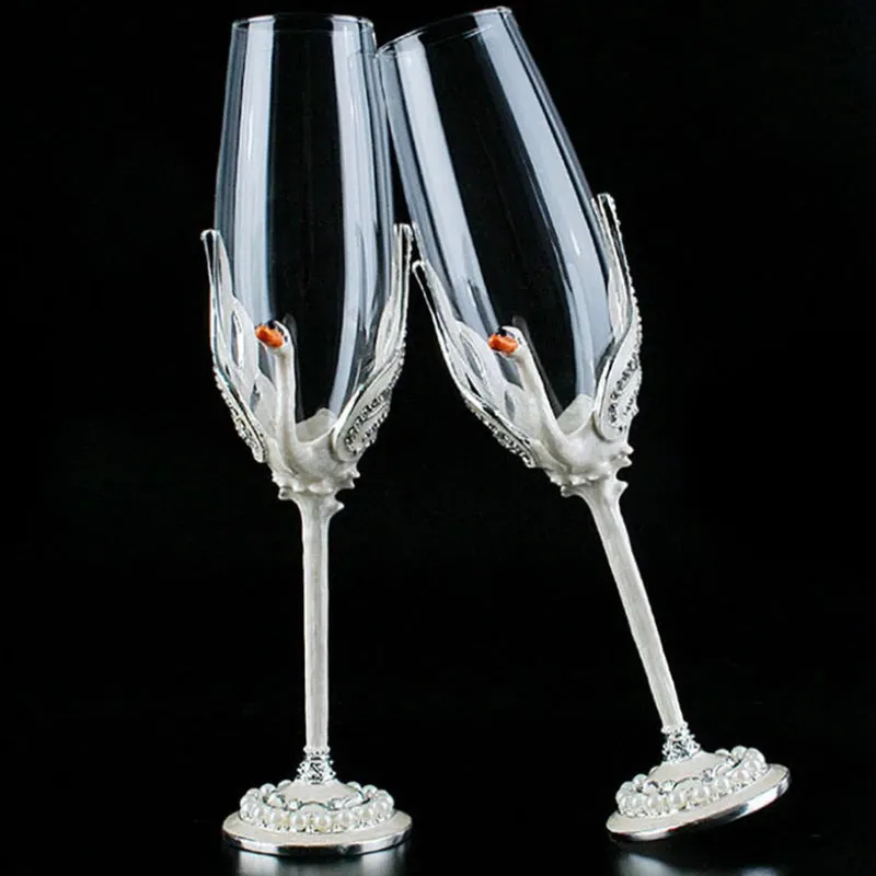 Exquisite Unique Custom Made  Swan Wedding Led Free Crystal Champagne Wine Glasses Set of Two