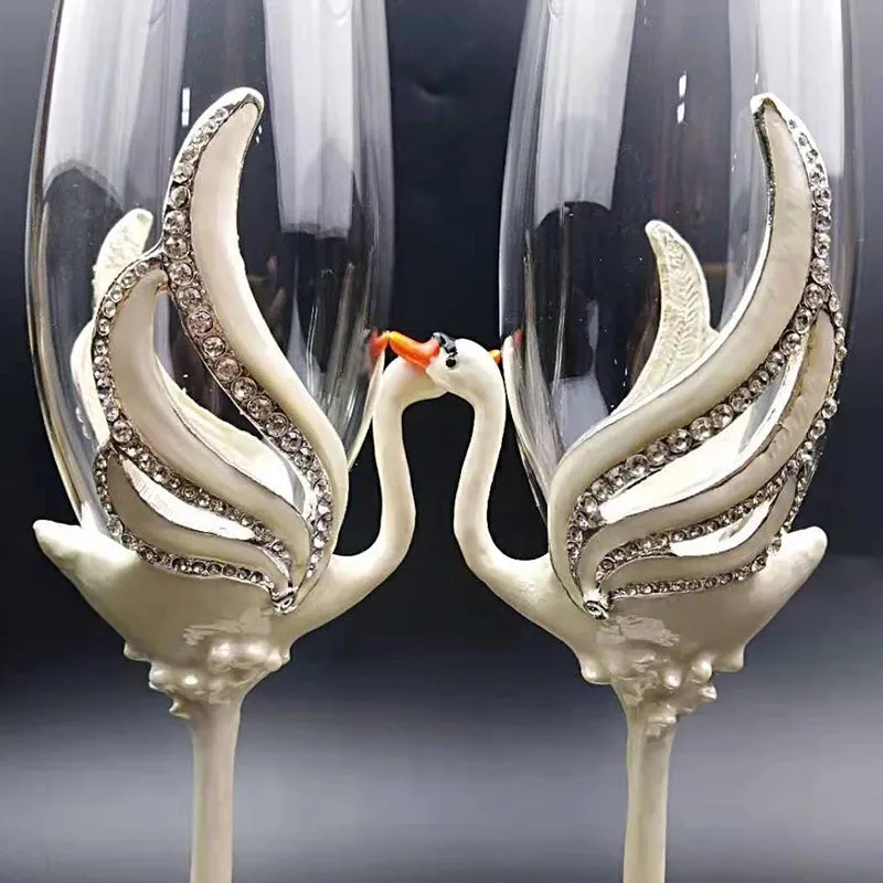 Exquisite Unique Custom Made  Swan Wedding Led Free Crystal Champagne Wine Glasses Set of Two