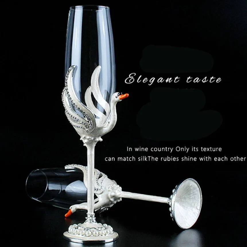 Exquisite Unique Custom Made  Swan Wedding Led Free Crystal Champagne Wine Glasses Set of Two