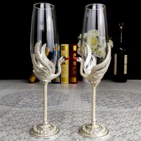 Exquisite Unique Custom Made  Swan Wedding Led Free Crystal Champagne Wine Glasses Set of Two