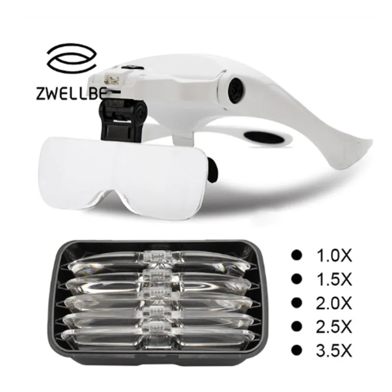Eyelash Extension 5 Lens Adjustable Headband Magnifying Glass Magnifier With LED Light lamp Magnifying Glasses For False Lashes