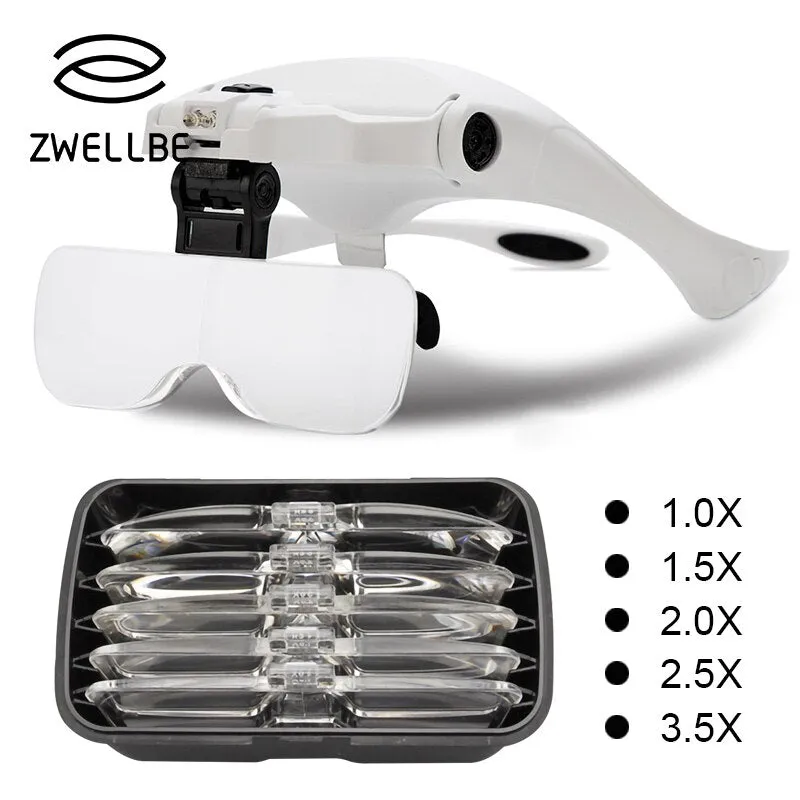 Eyelash Extension 5 Lens Adjustable Headband Magnifying Glass Magnifier With LED Light lamp Magnifying Glasses For False Lashes