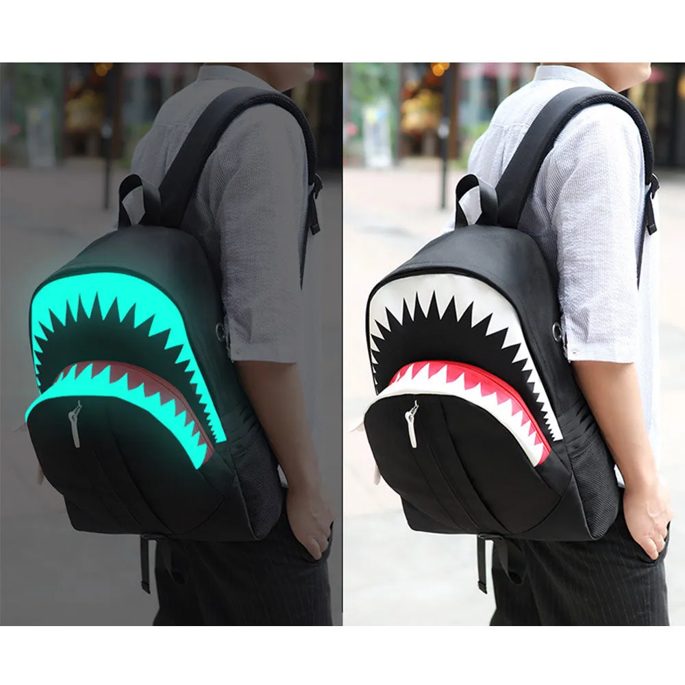 Glow in The Dark Backpack for Teen Cool Shark Mouth Bookbag with USB Charging