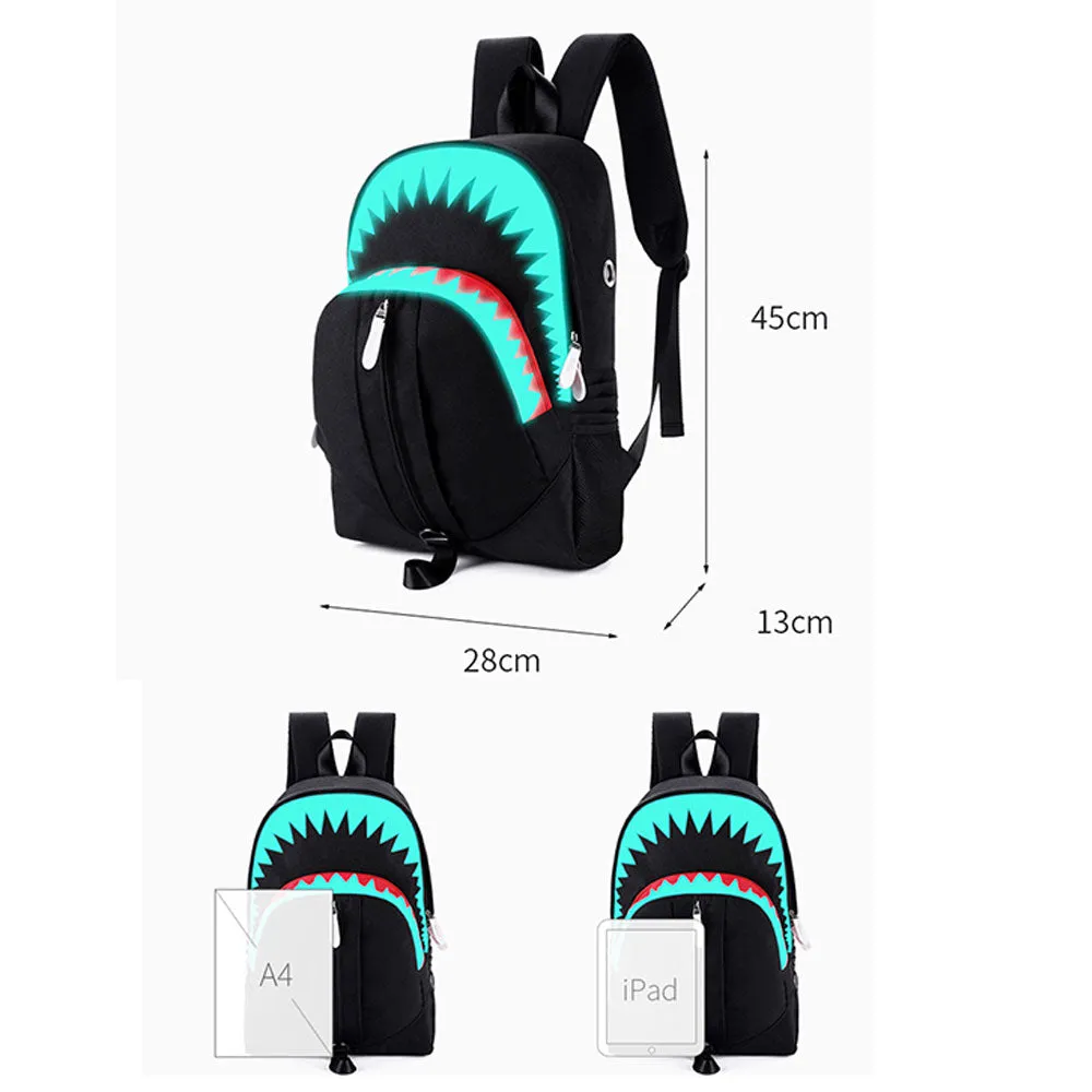 Glow in The Dark Backpack for Teen Cool Shark Mouth Bookbag with USB Charging