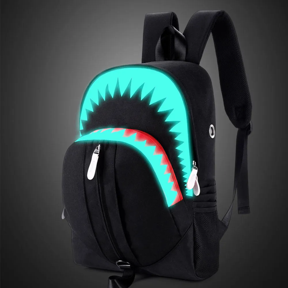 Glow in The Dark Backpack for Teen Cool Shark Mouth Bookbag with USB Charging